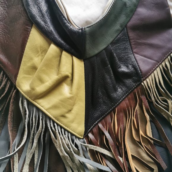 Vintage Boho Hippy 60's 70's Leather Hobo Shoulder Bag w Fringe - Picture 3 of 4